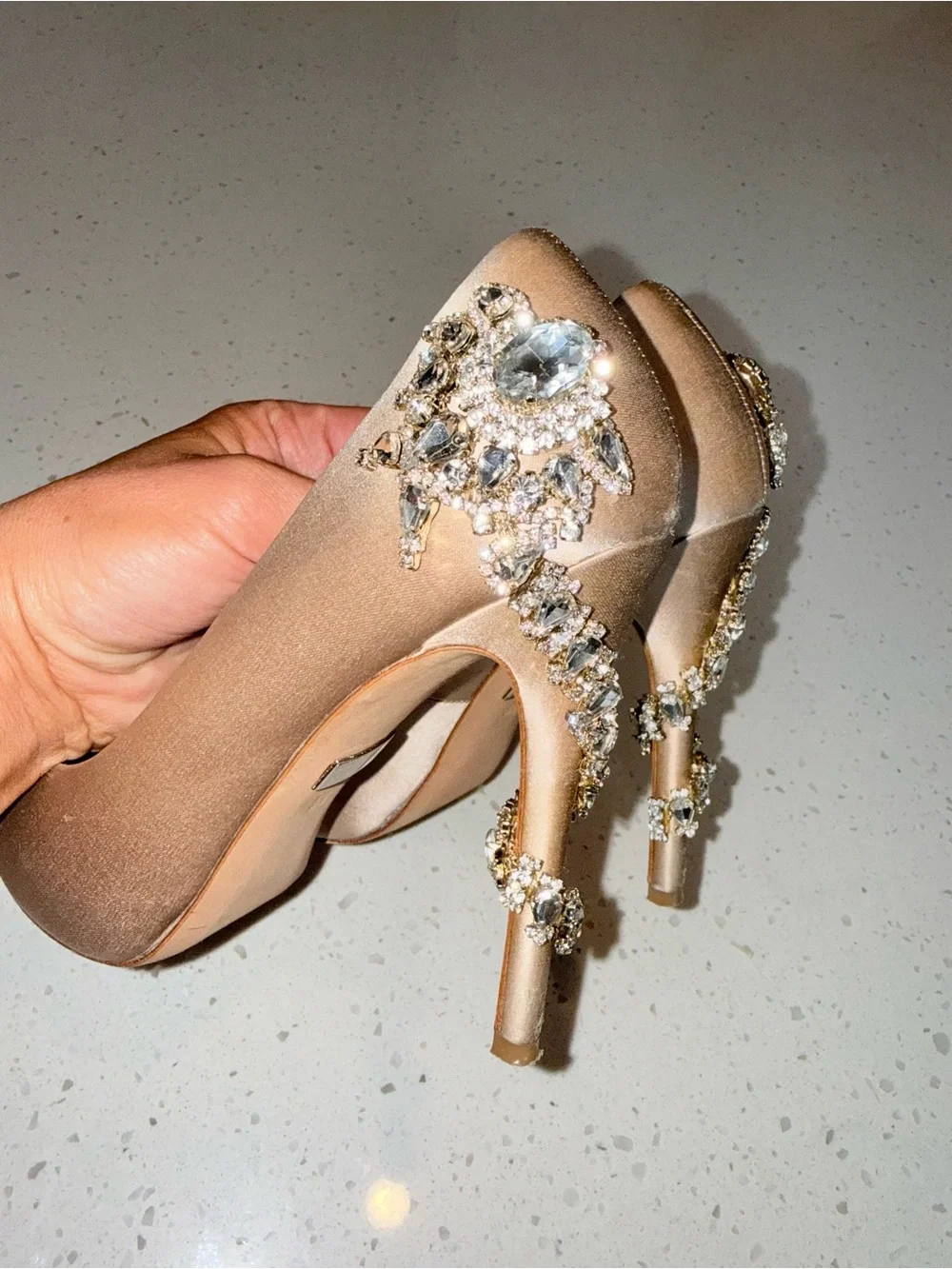 Badgley Mischka Rose Gold Satin Peep-Toe Heels with Crystal Brooches